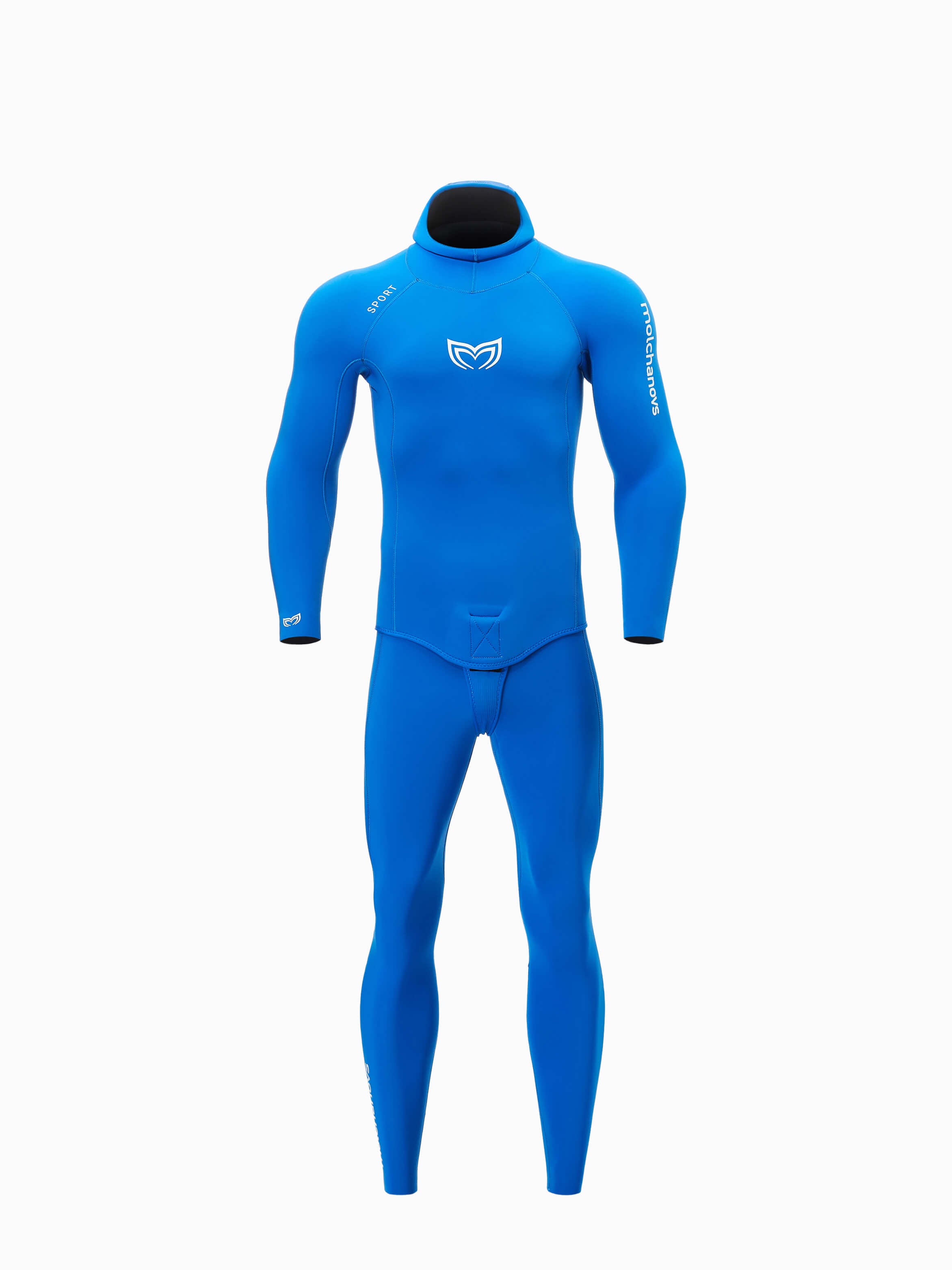 Front image of a 5mm double lined mens wetsuit in blue. Also available in 2.5mm thickness.