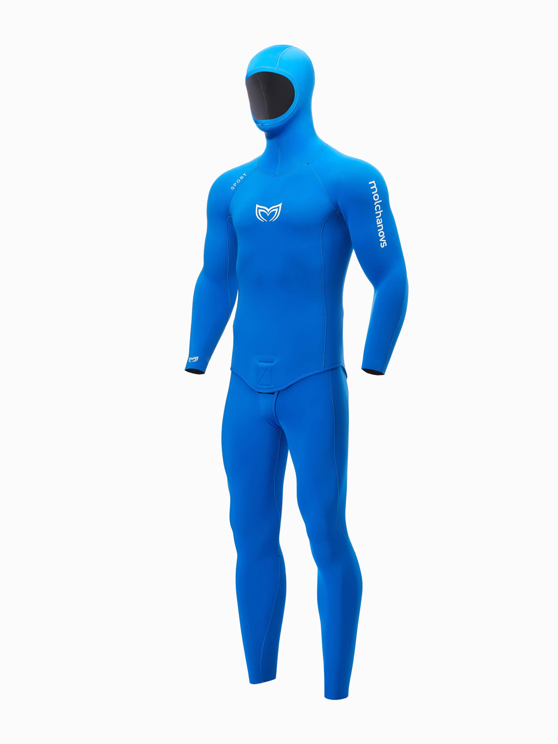 Front angle image of a 5mm double lined mens wetsuit in blue. Also available in 2.5mm thickness.