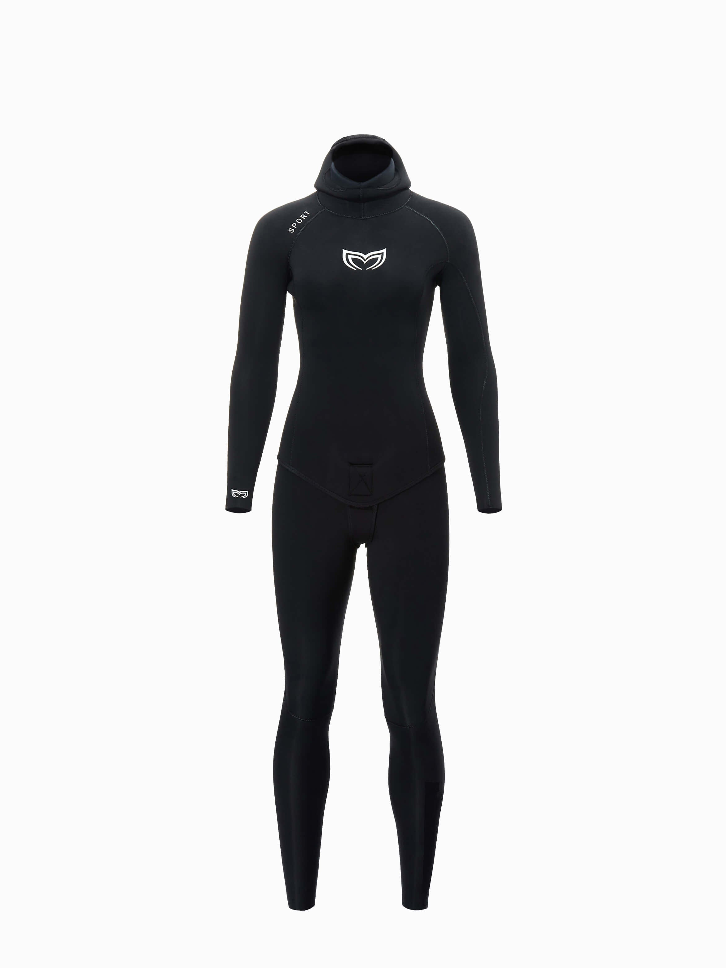 Front image of a 4.5mm double lined womens wetsuit in black.