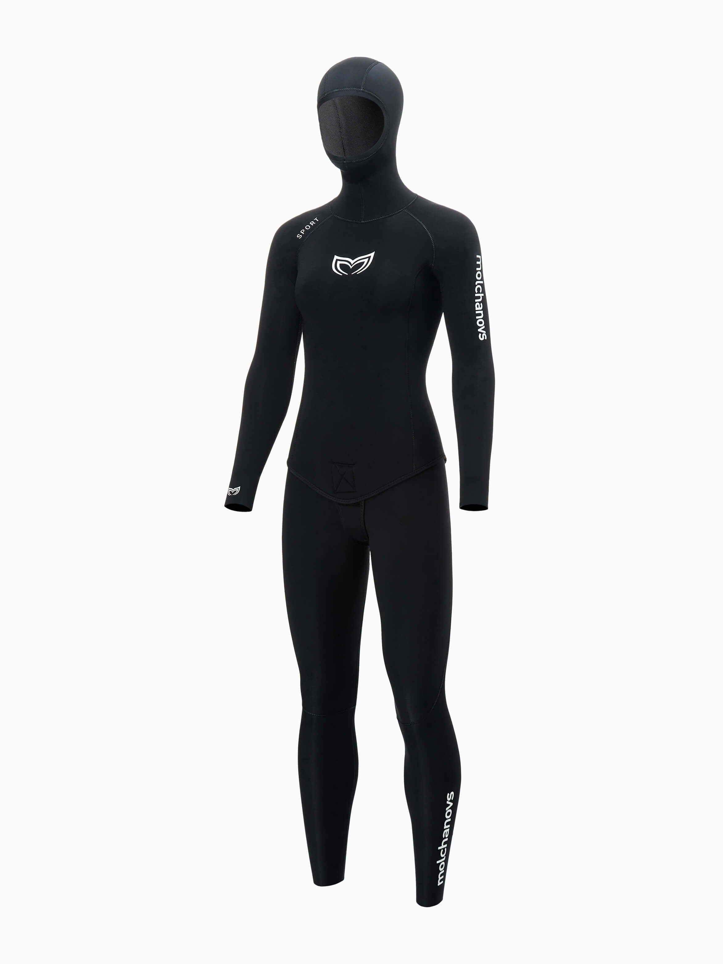 Front angle image of a 4.5mm double lined womens wetsuit in black.