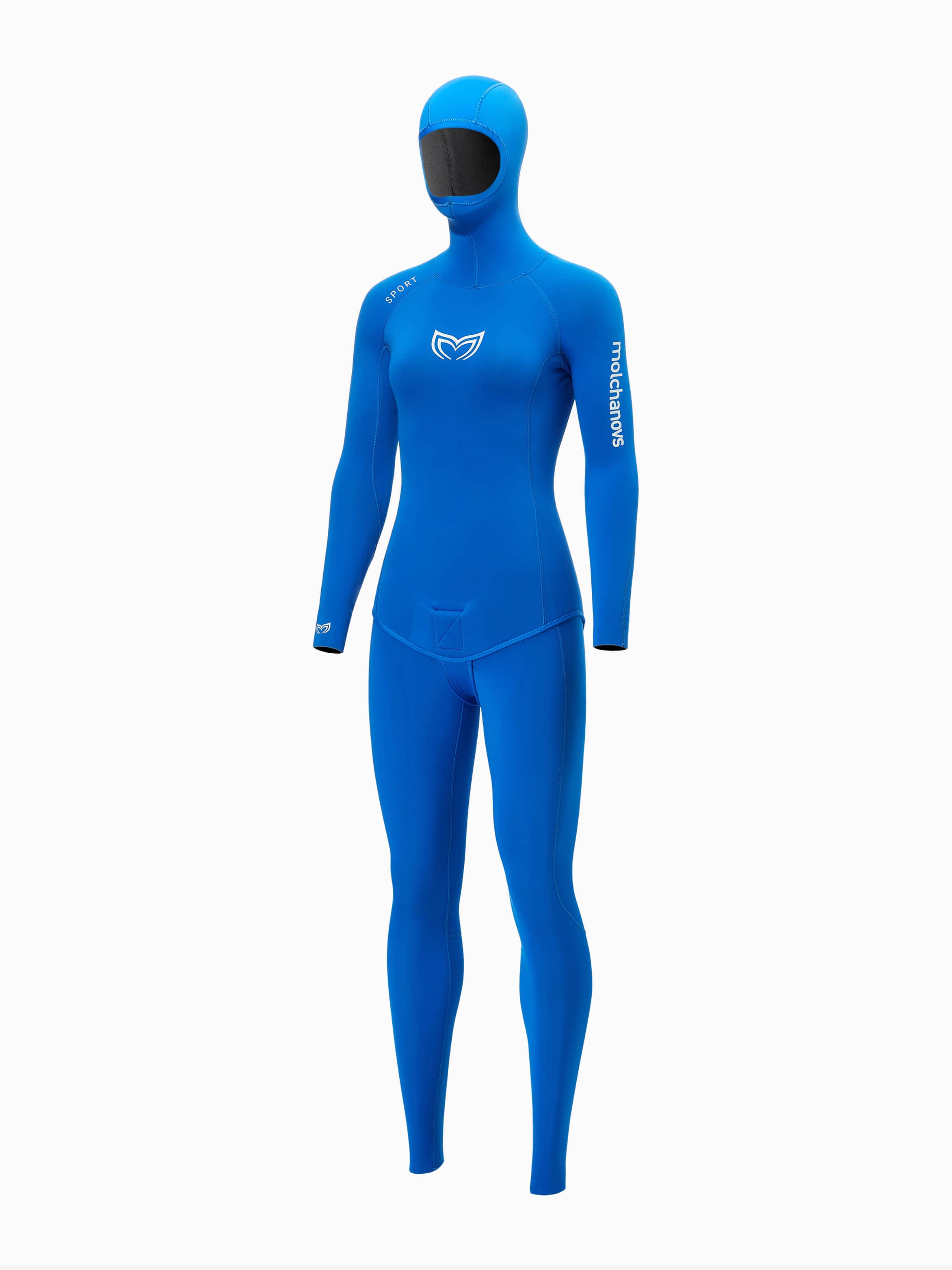 Front angle view of a blue exterior lined, open cell wetsuit for women.