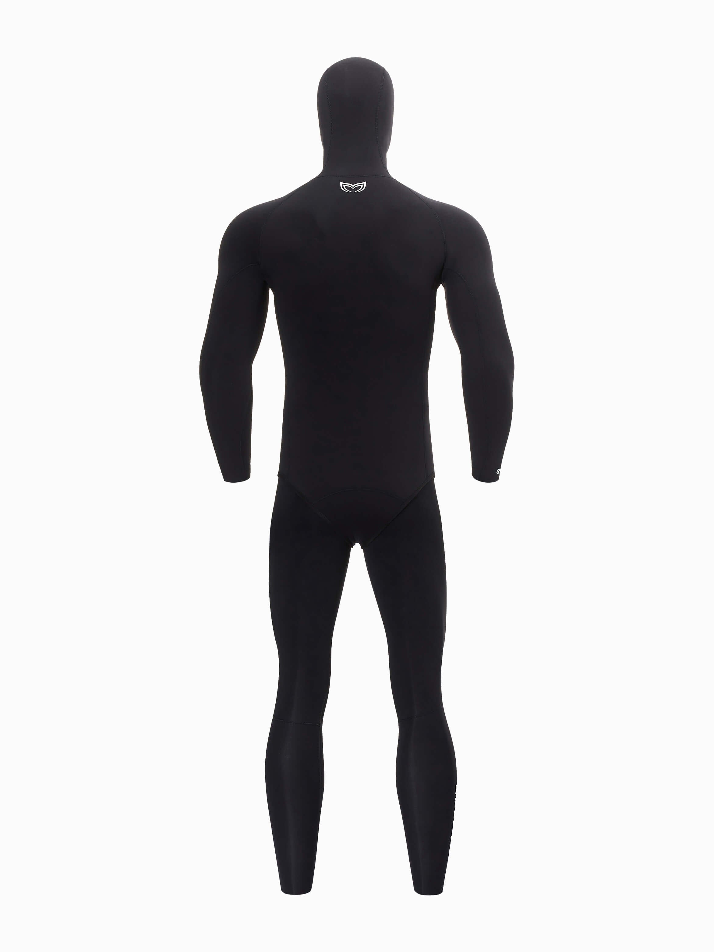 Back angle image of a 5mm double lined mens wetsuit in black. Also available in 2.5mm thickness.