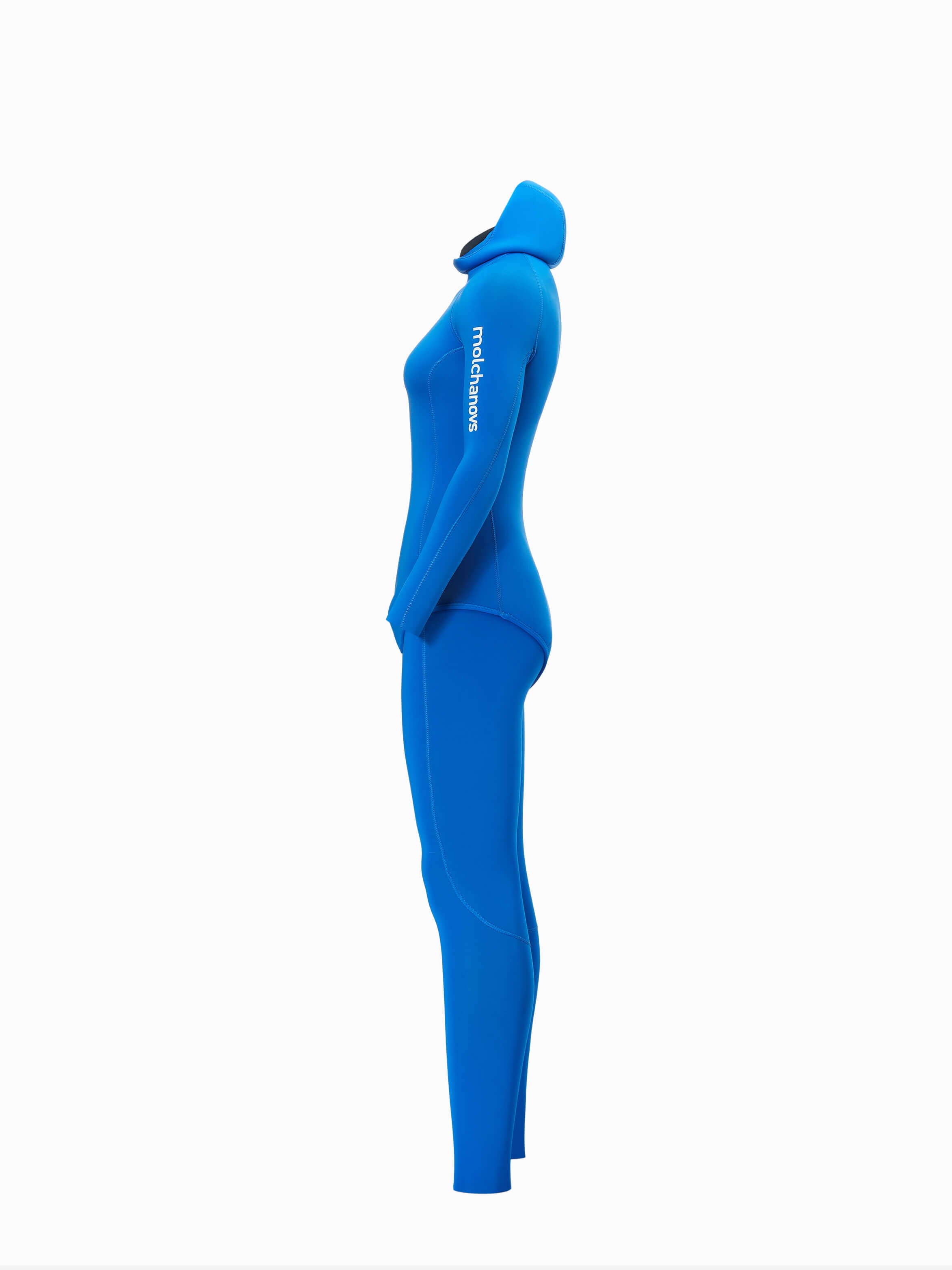 Side angle image of a 4.5mm double lined womens wetsuit in blue. Also available in 2.5mm thickness.