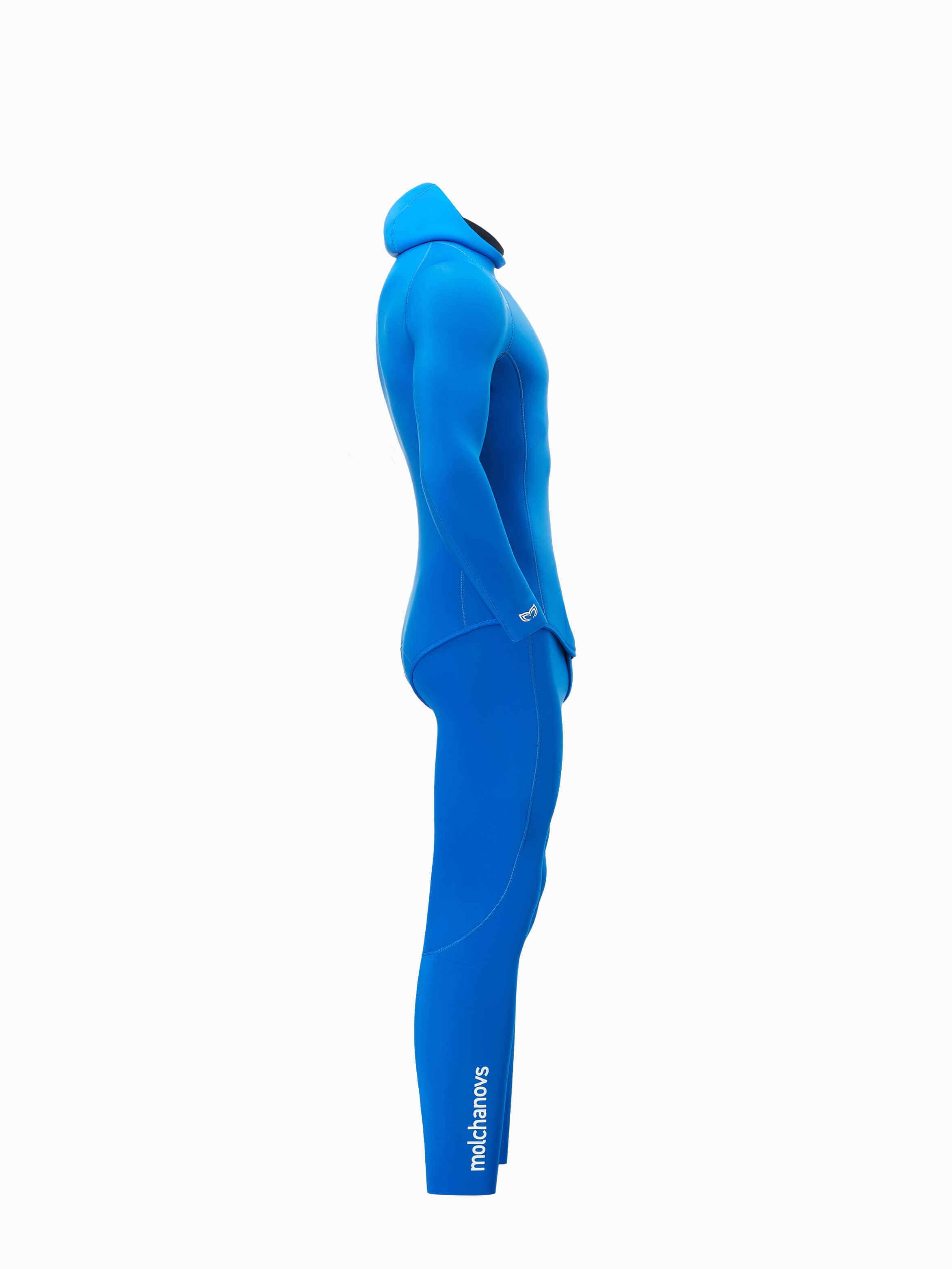 Side angle image of a 5mm double lined mens wetsuit in blue. Also available in 2.5mm thickness.