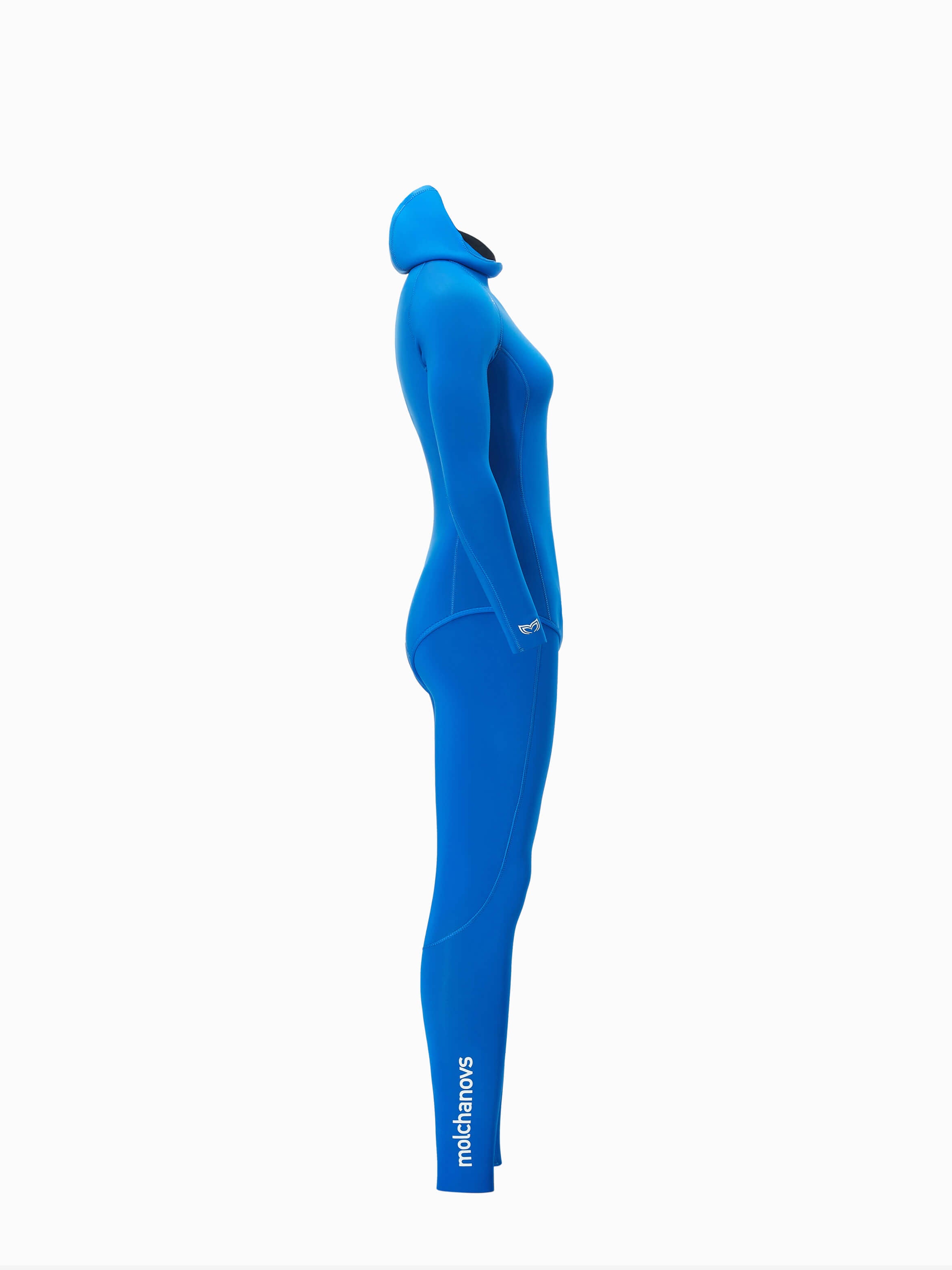Side view of a blue womens open cell wetsuit