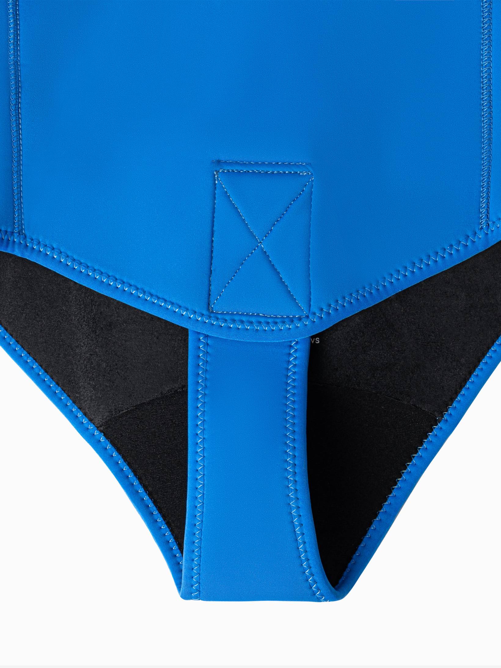 Blue 5mm womens freediving wetsuit - durable velcro closure stitching viewed from the outside of the double lined wetsuit.