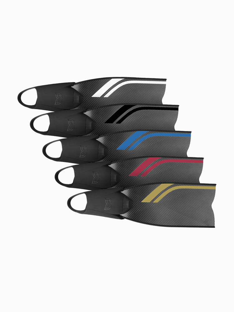 Molchanovs SPORT Short Bifins 3 Carbon, five color options fanned showing black carbon blades with white, black, blue, red, and gold stripes