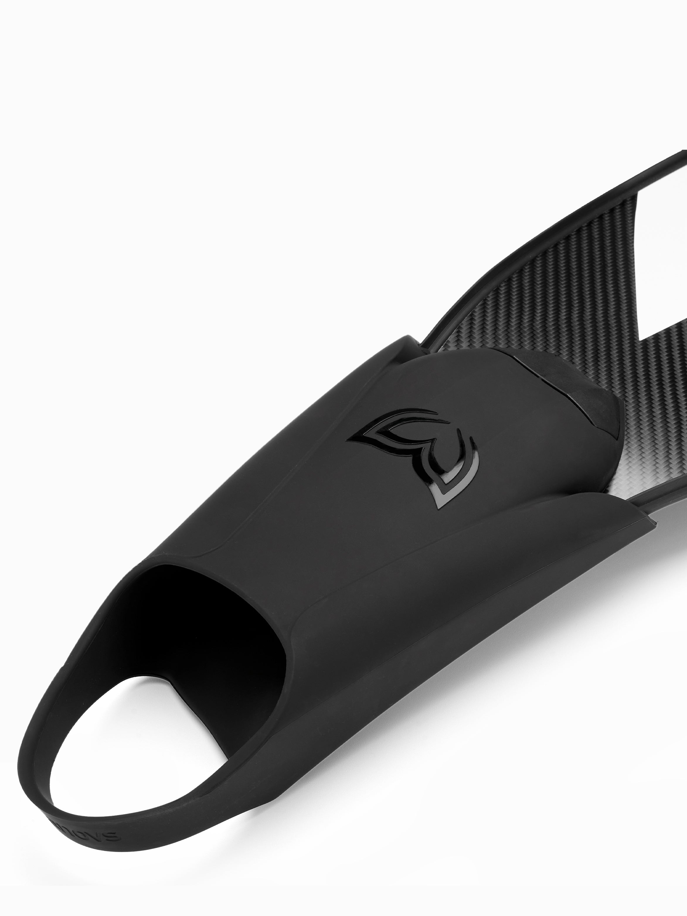 Close-up of the Molchanovs SPORT Short Bifins 3 Carbon silicone foot pocket, showing open-heel design and Molchanovs logo embossed on the pocket