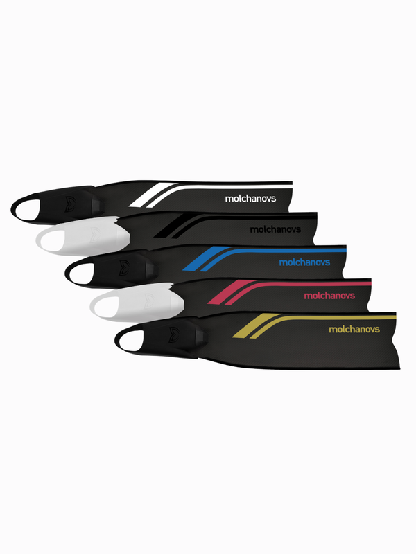 Molchanovs Sport Bifins 3 Carbon freediving fins in five colour variants with Molchanovs branding