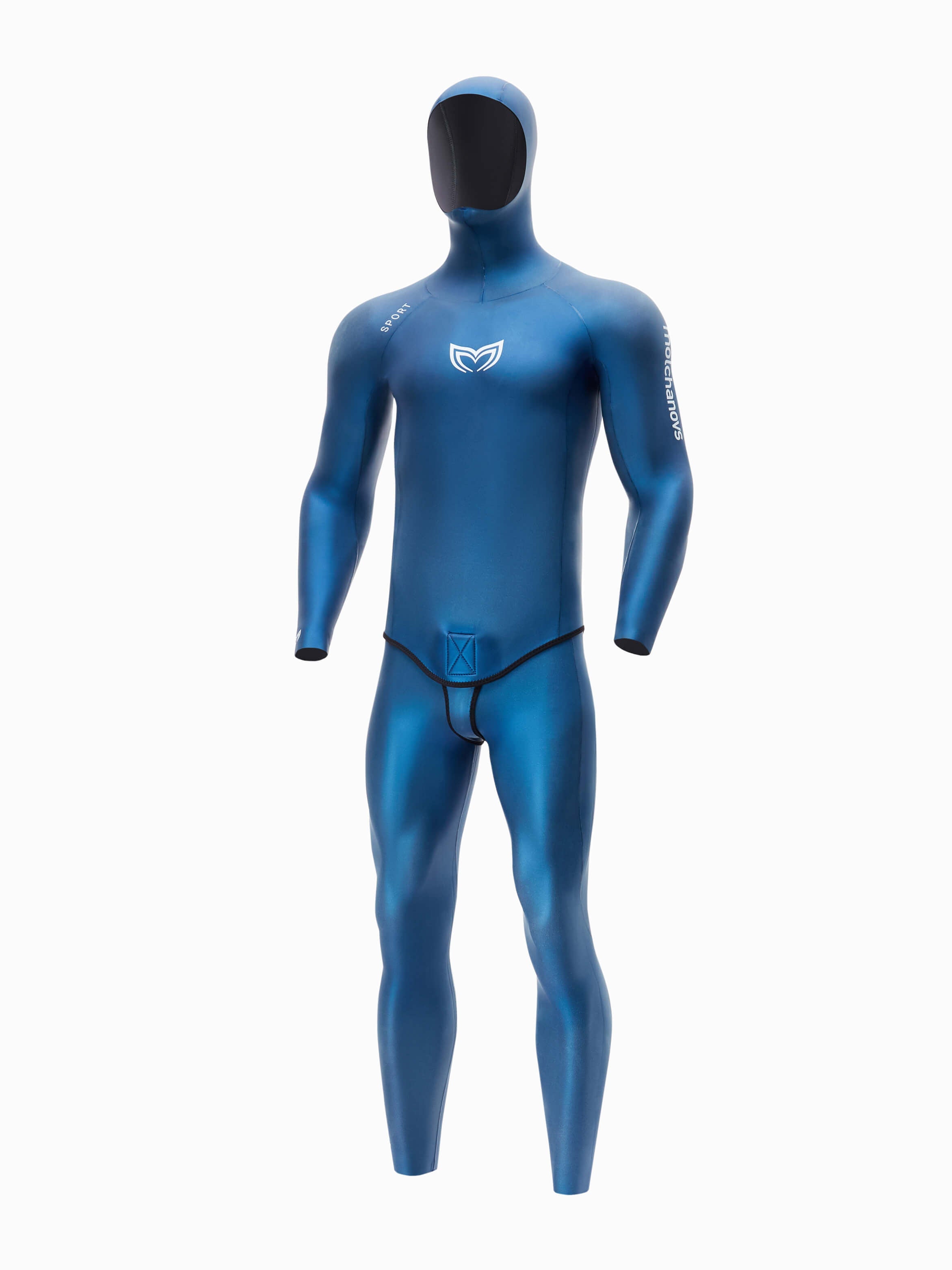 Front angled image of a blue mens training freediving wetsuit . This smooth skin mens suit is available in 1.5mm or 3mm thickness. 
