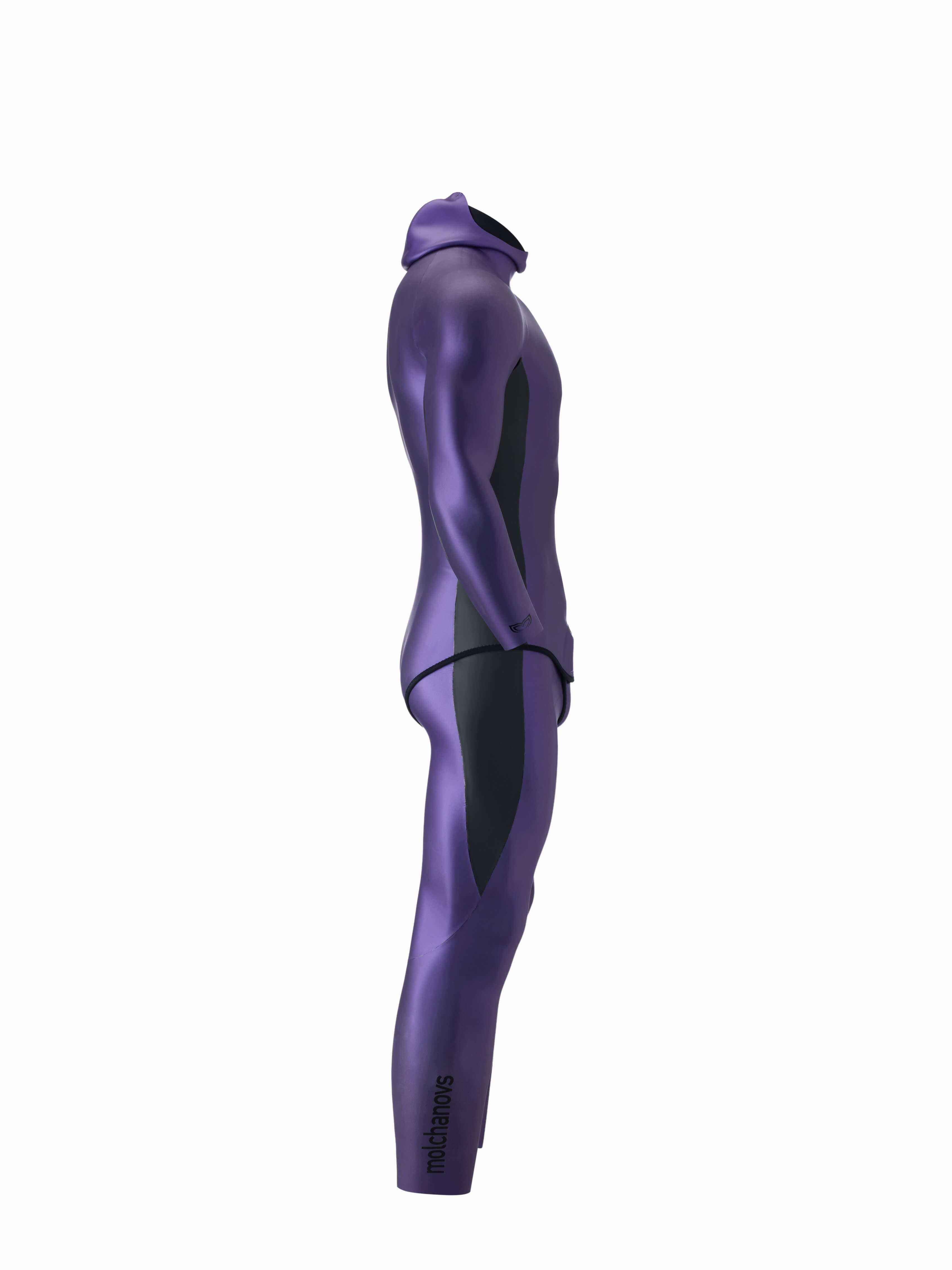 A side view of the 1.5mm smooth skin freediving wetsuit in purple
